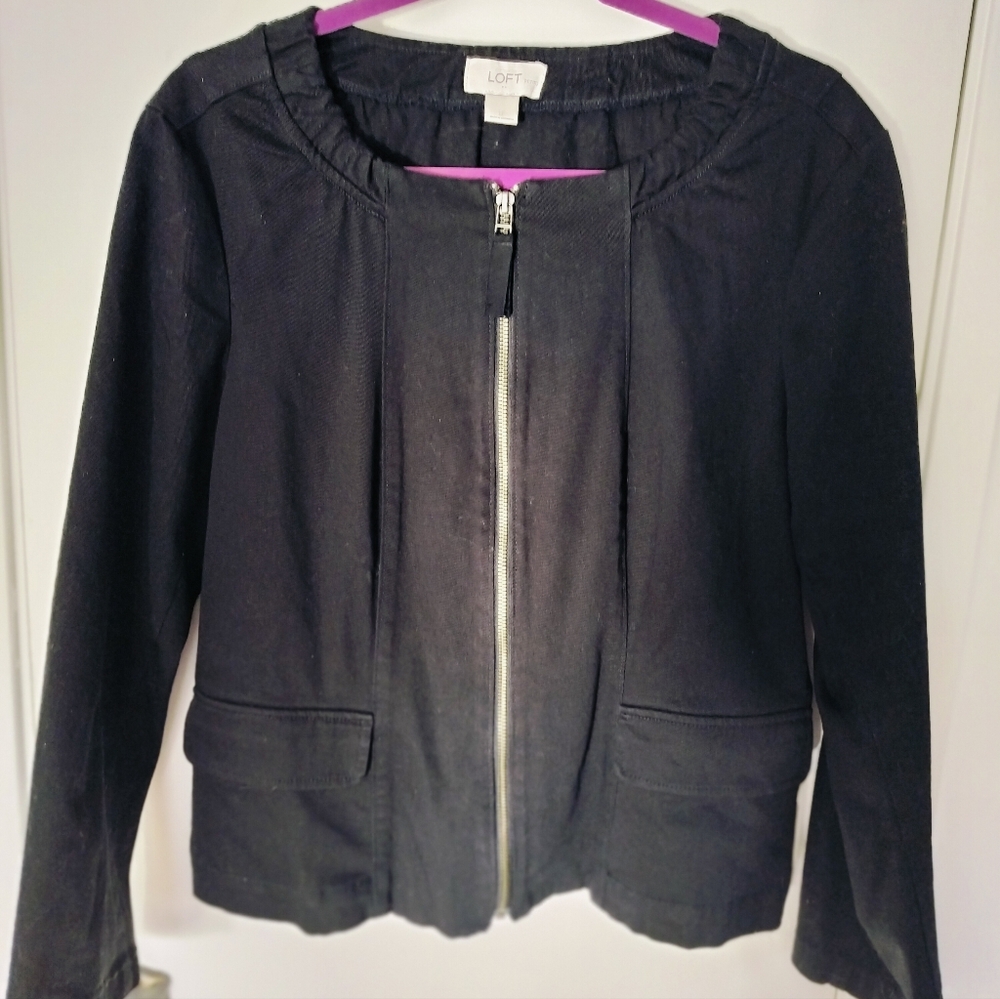 Loft Cotton Zip Front Blazer Jacket Peplum Back Front Pockets Black Large Petite